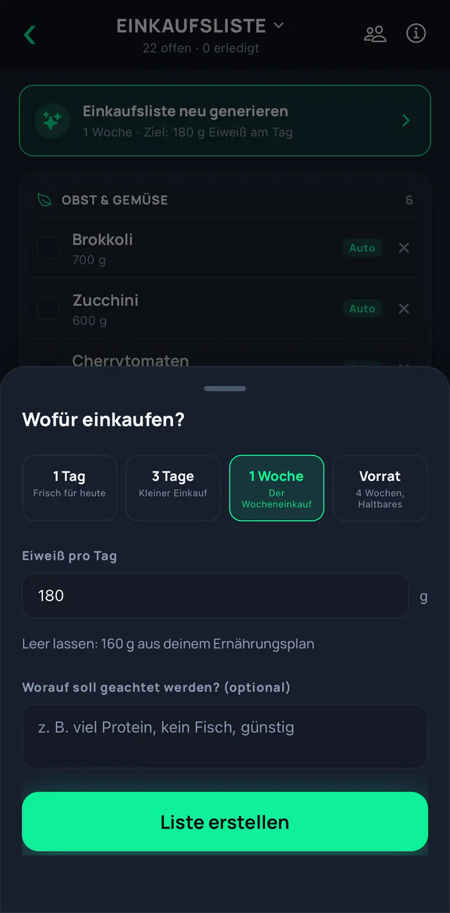 Einkaufsliste mit Zeitraum-Auswahl