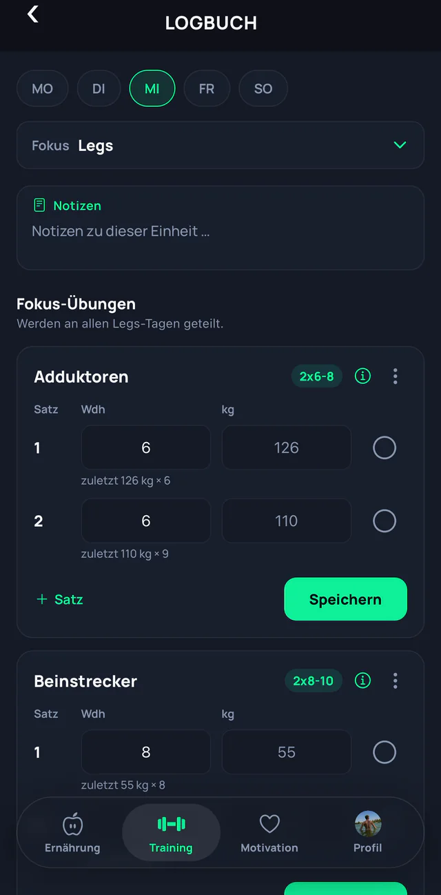 Logbuch mit Sätzen und Gewichten